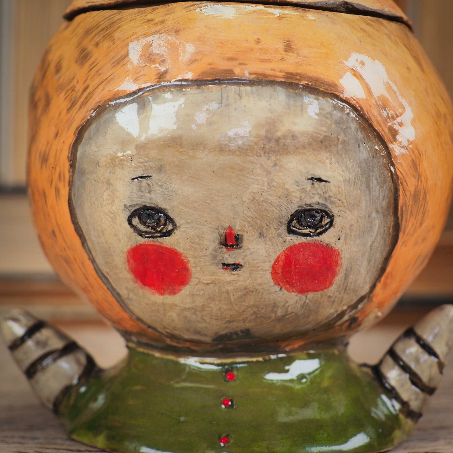 An original handmade piece by Idania Salcido, an adorable peach cookie jar and candy container, perfect for a modern kitchen with original unique decor items.