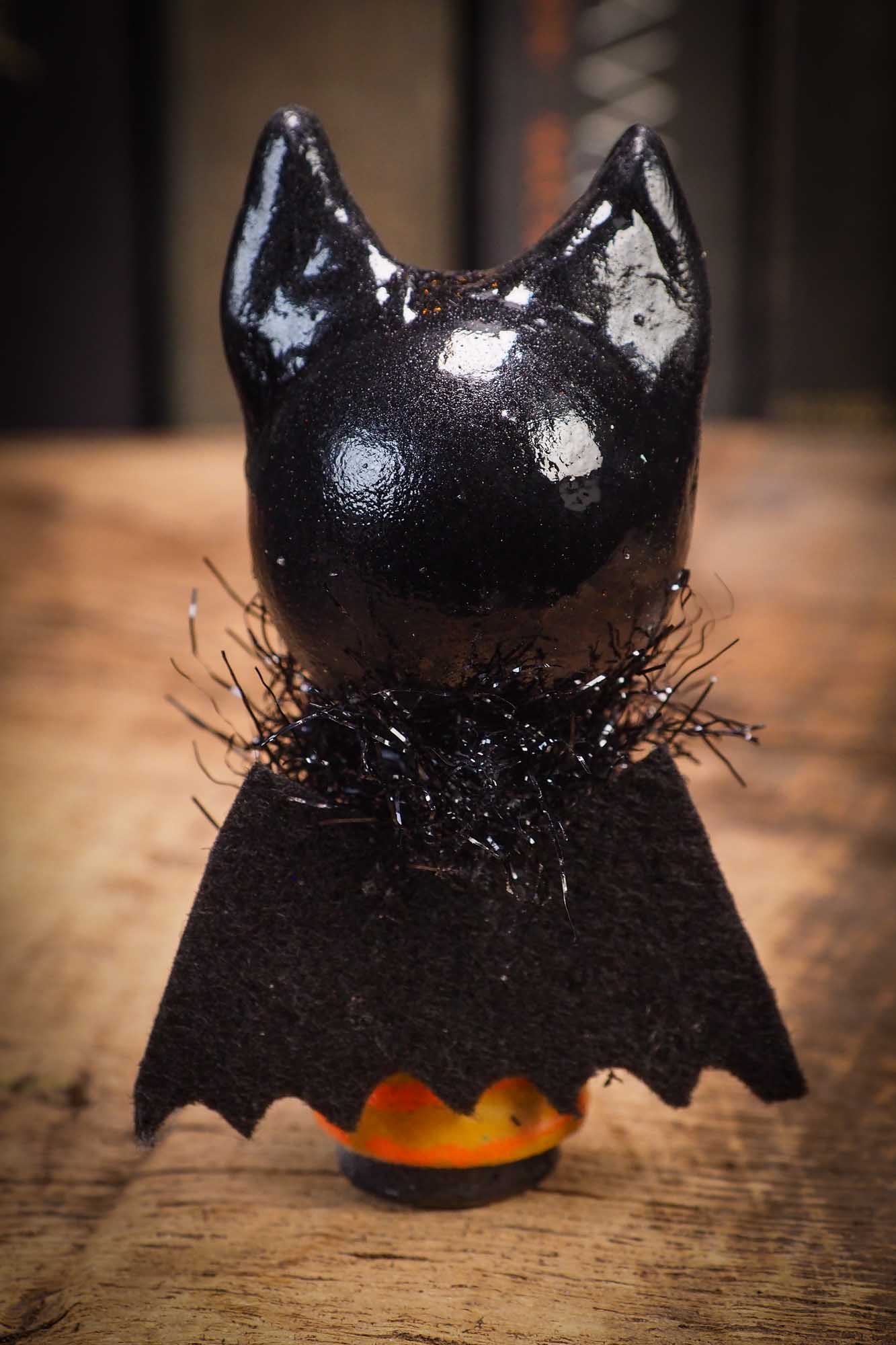 Small Halloween mini kokeshi art doll vampire figurine with sculpted head, fabric cape. Made by Idania Salcido, Danita Art.