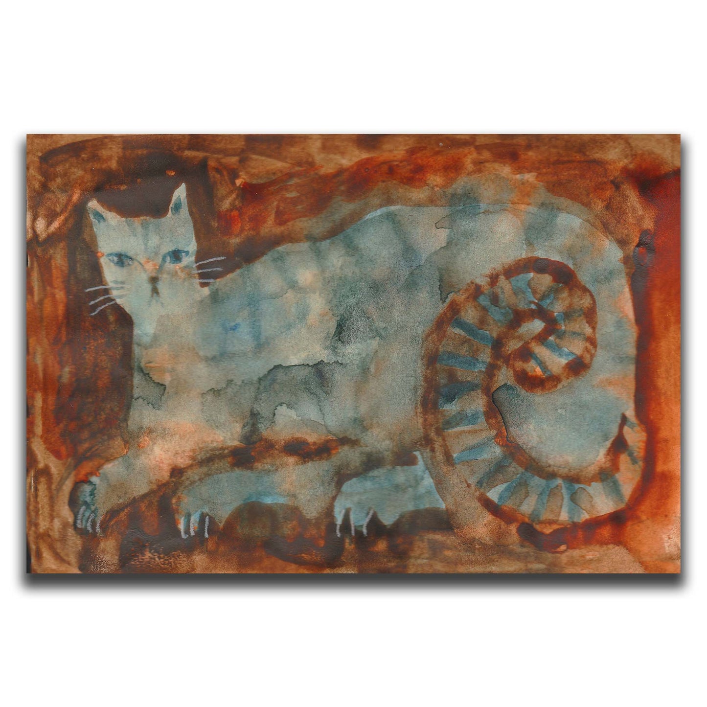 A unique watercolor painting on paper by Idania Salcido, celebrating abstract decorative and experimental illustration with a tabby cat.