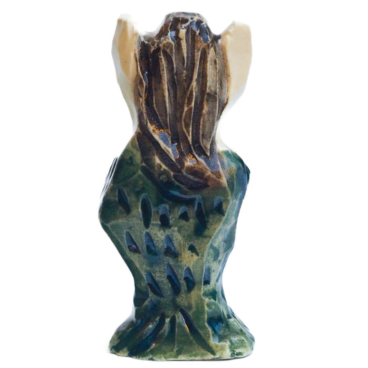 Handmade ceramic mermaid totem amulet figurine hand painted by Idania Salcido, the artist behind Danita art. Ceramic simulates carved wood with colorful glazes.