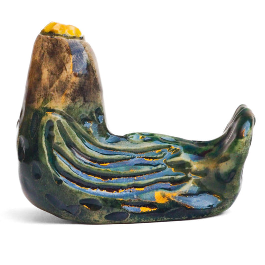 Handmade ceramic mermaid totem amulet figurine hand painted by Idania Salcido, the artist behind Danita art. Ceramic simulates carved wood with colorful glazes.