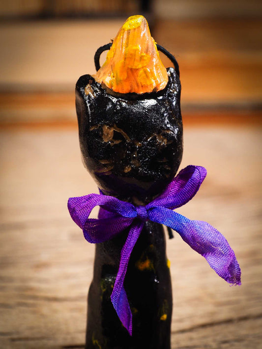Original handmade ceramic black cat ornament by Idania Salcido Danita Art with silk bow is perfect Halloween decoration! Stands on its own or hangs from window.