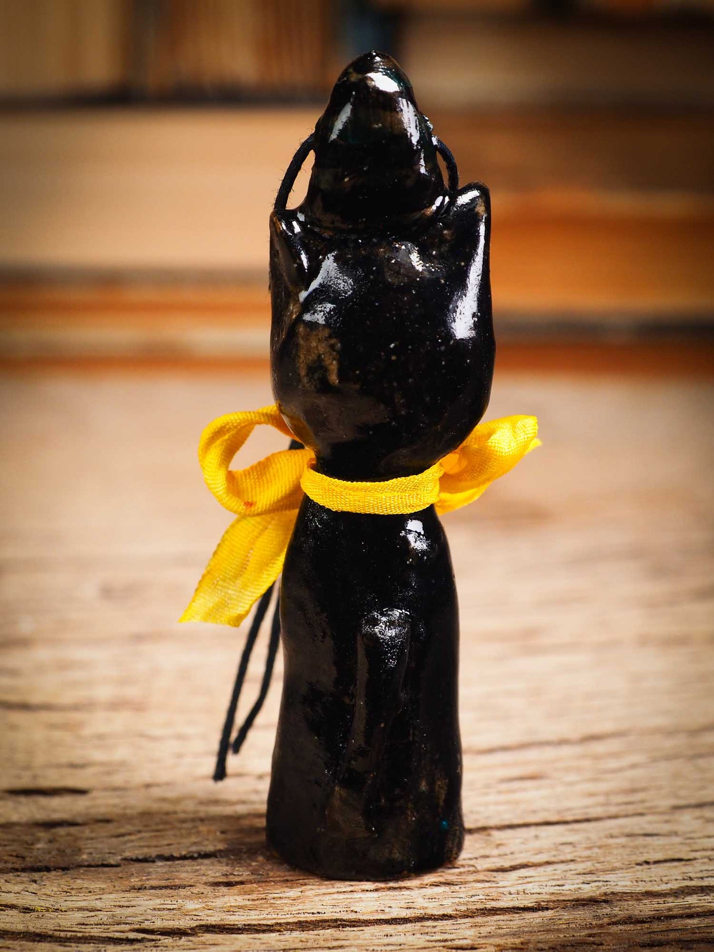 Original handmade ceramic black cat ornament by Idania Salcido Danita Art with silk bow is perfect Halloween decoration! Stands on its own or hangs from window.
