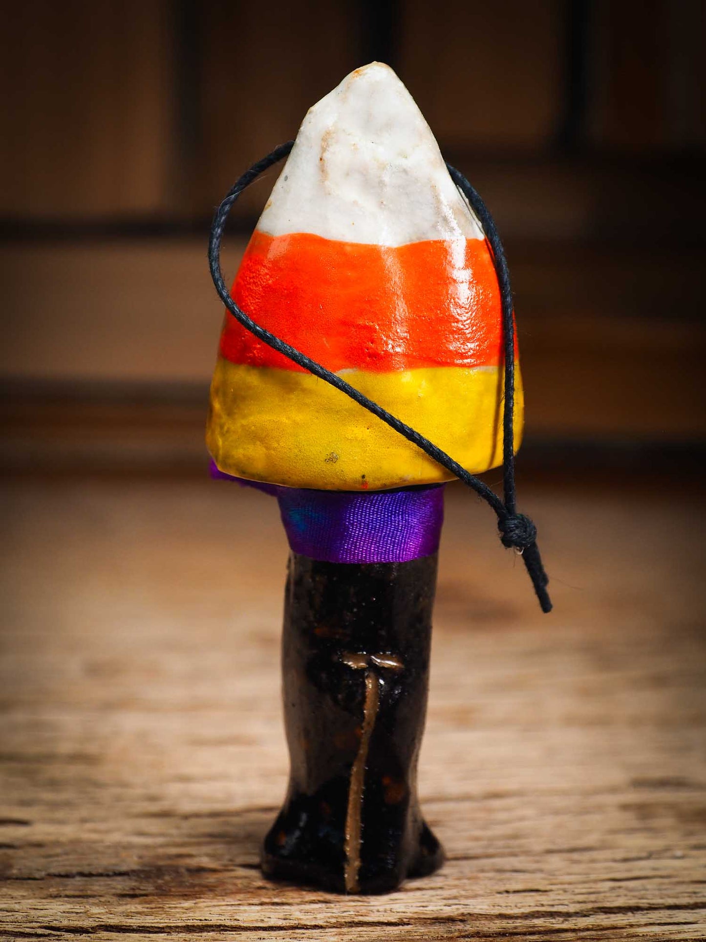 Original handmade ceramic candy corn ornament by Idania Salcido Danita Art with silk bow is perfect Halloween decoration! Stands on its own or hangs from window