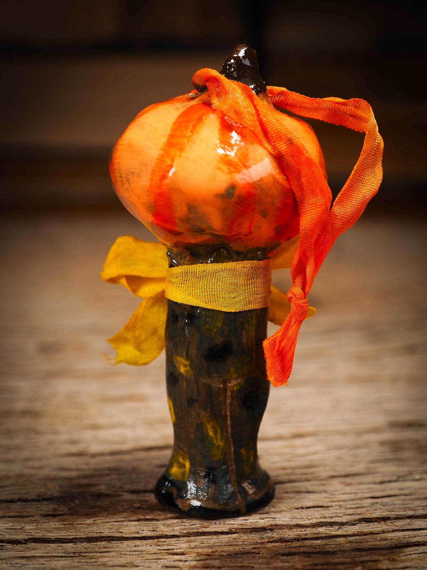 Original handmade ceramic jack-o-lantern pumpkin ornament by Idania Salcido Danita Art is a perfect Halloween decoration! Stands on its own or hangs from window