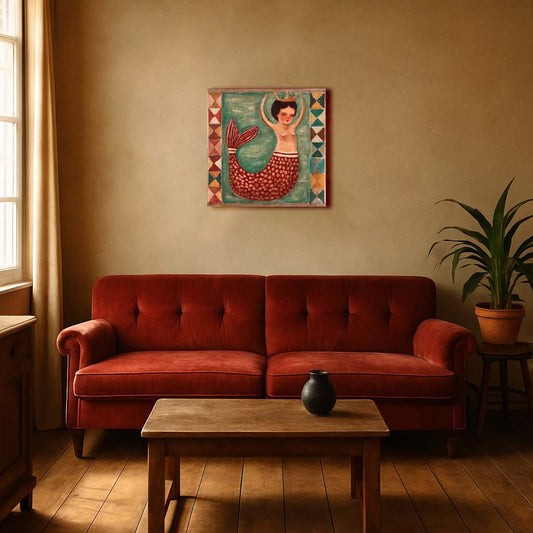 “Queen Of Tides” by Idania Salcido, 9x12” acrylic on canvas—folk-art beauty with ocean charm, perfect for collectors of whimsical, original art.