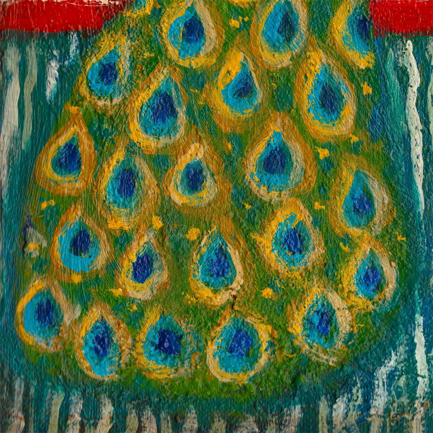 “The Peacock’s Garden” by Idania Salcido, 9x12” acrylic on canvas—folk-art elegance with vibrant blooms and rich jewel tones for your home décor.