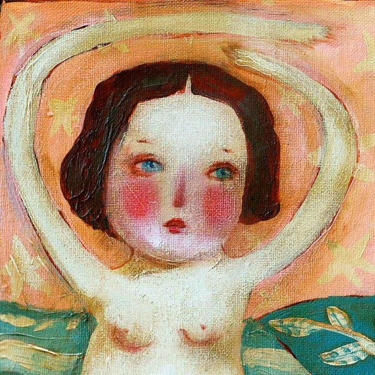 An original painting by Idania Salcido, the artist behind Danita Art. A folk art outsider painting of a topless redhead mermaid with a tail decorated with botanical and floral motifs. If you love decorating with original art, this mermaid is perfect any home decoration style.