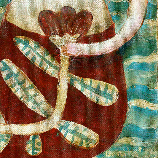 An original painting by Idania Salcido, the artist behind Danita Art. A folk art outsider painting of a topless redhead mermaid with a tail decorated with botanical and floral motifs. If you love decorating with original art, this mermaid is perfect any home decoration style.