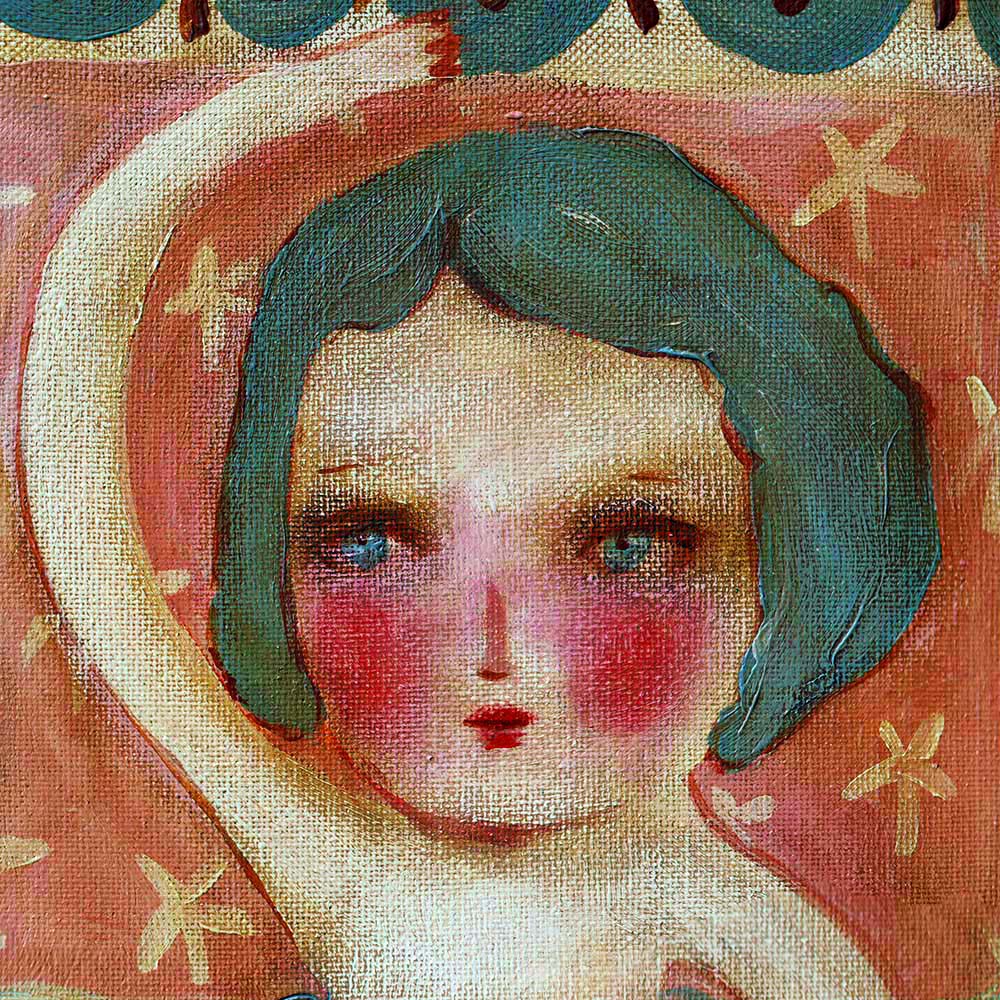 An original painting by Idania Salcido, the artist behind Danita Art. A folk art outsider painting of a topless redhead mermaid with a tail decorated with botanical and floral motifs. If you love decorating with original art, this mermaid is perfect any home decoration style.