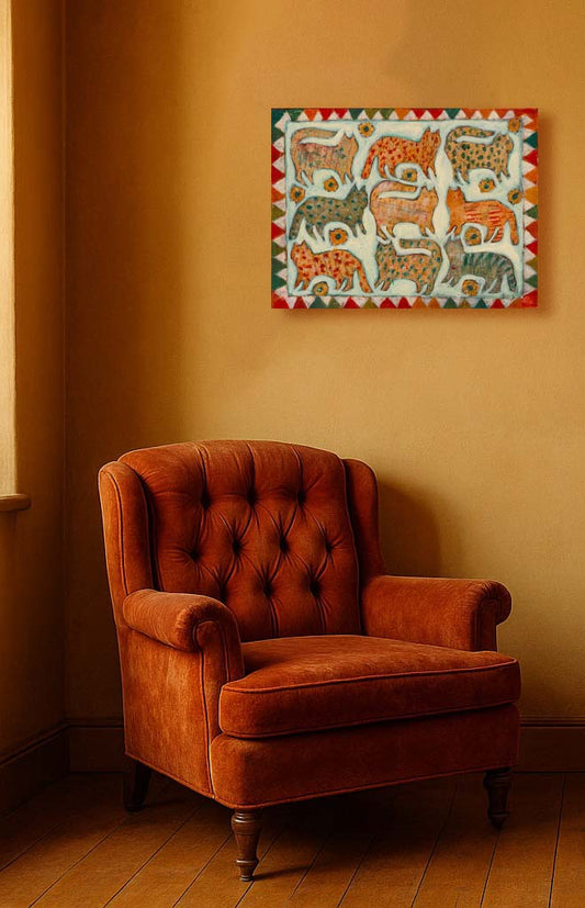 “The Cat Quilt” by Idania Salcido, 12x16” acrylic on canvas—folk-art charm with playful feline patterns, perfect for cat lovers and eclectic homes.