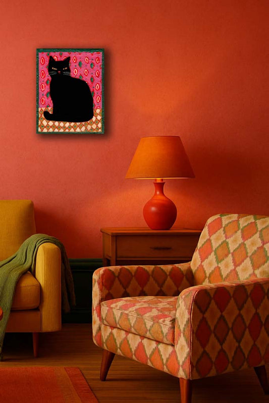 Charming black cat on vibrant folk-art patterns, hand-painted by Idania Salcido. 8x10” acrylic on canvas—perfect for adding warmth and character to your home.