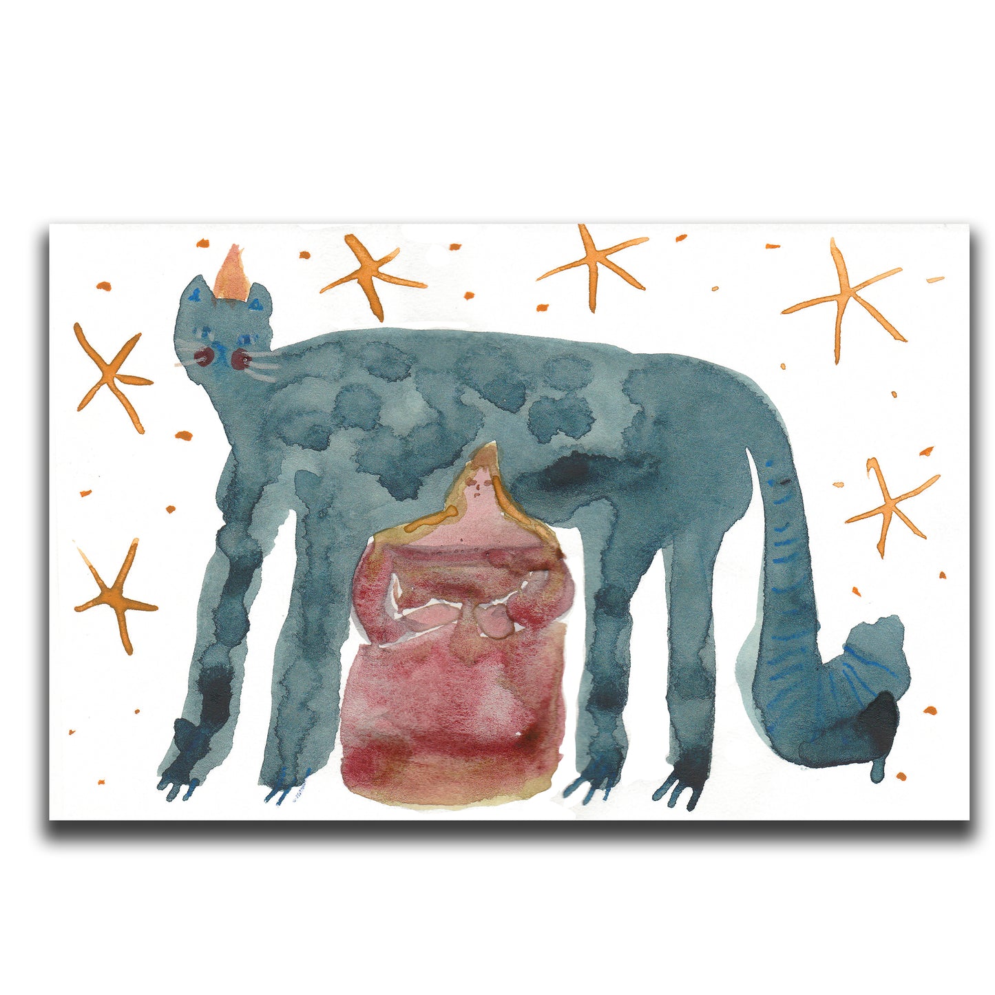 A unique watercolor painting on paper by Idania Salcido, celebrating abstract decorative and experimental illustration with a cat and a woman.