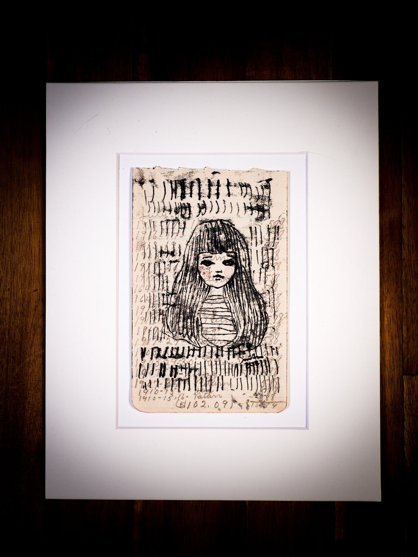 An original watercolor painting by Idania Salcido, the artist behind Danita Art. This is a beautiful monoprint, a one of a kind ink and vintage paper original art, a self portrait painted on a mid 20th century notes sheet with handwritten characters in ink.