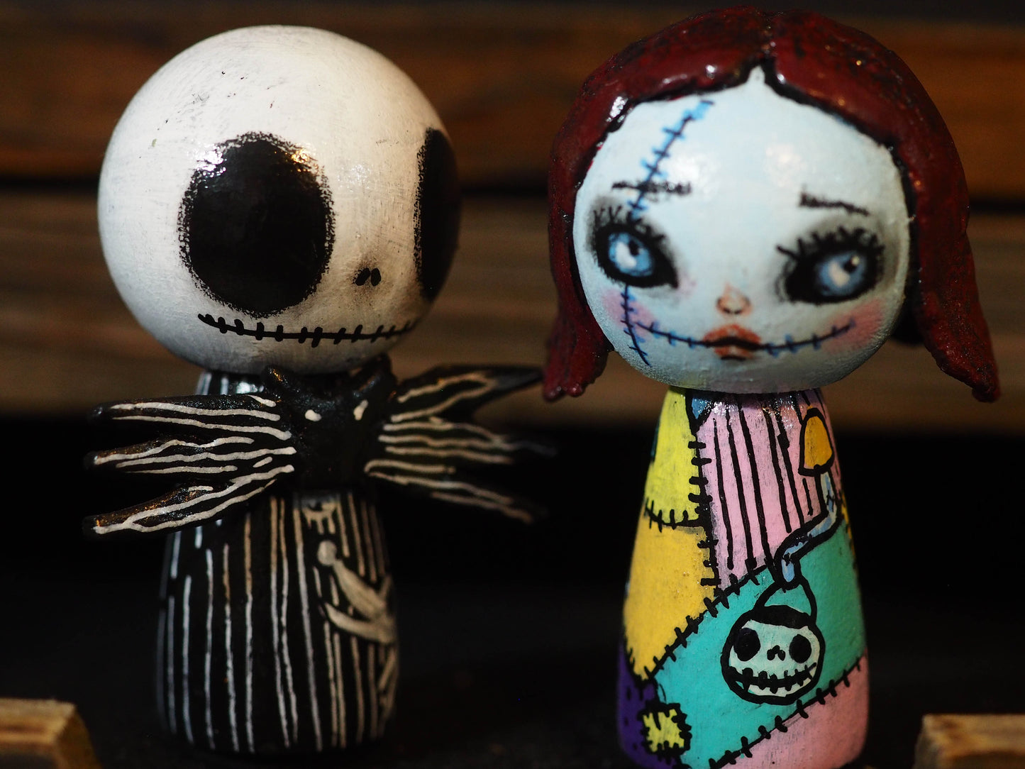 JACK THE PUMPKIN KING AND SALLY - Halloween and the nightmare before Christmas mini fig. A Kokeshi wood peg doll handmade by Danita, Miniature Dolls by Danita Art