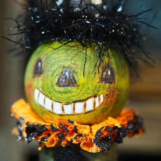 The big green pumpkin - Vintage thread spool kokeshi Halloween art doll by Danita