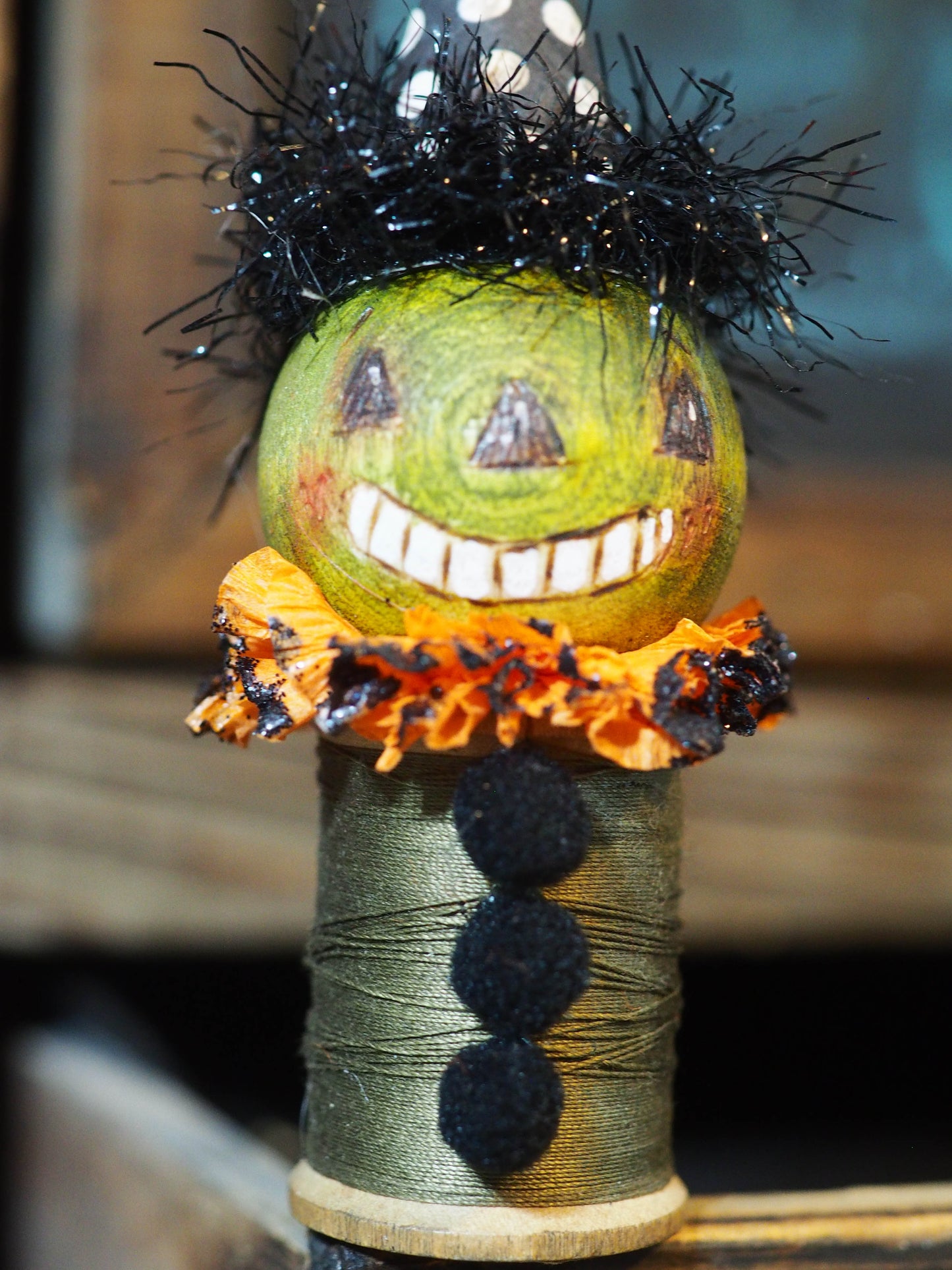 The big green pumpkin - Vintage thread spool kokeshi Halloween art doll by Danita