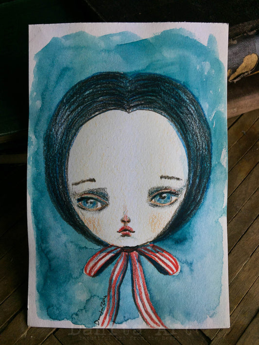 Study of a girl with a red bow, watercolor on paper original by Danita.
