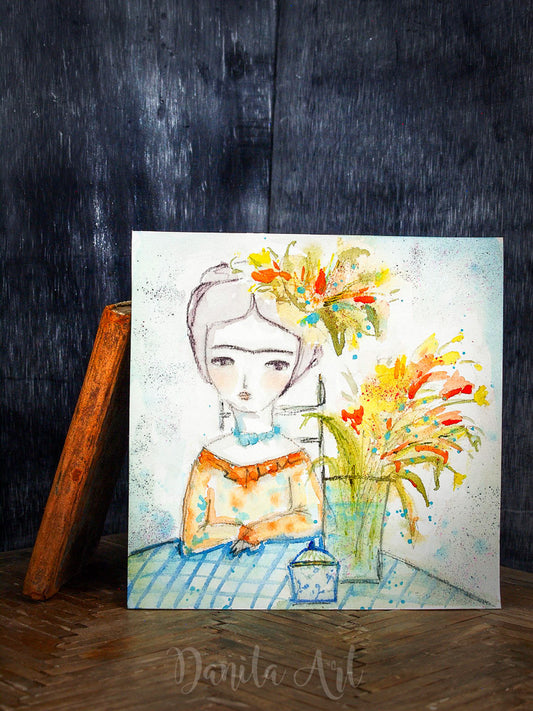 Frida with flowers, Original Art by Danita Art
