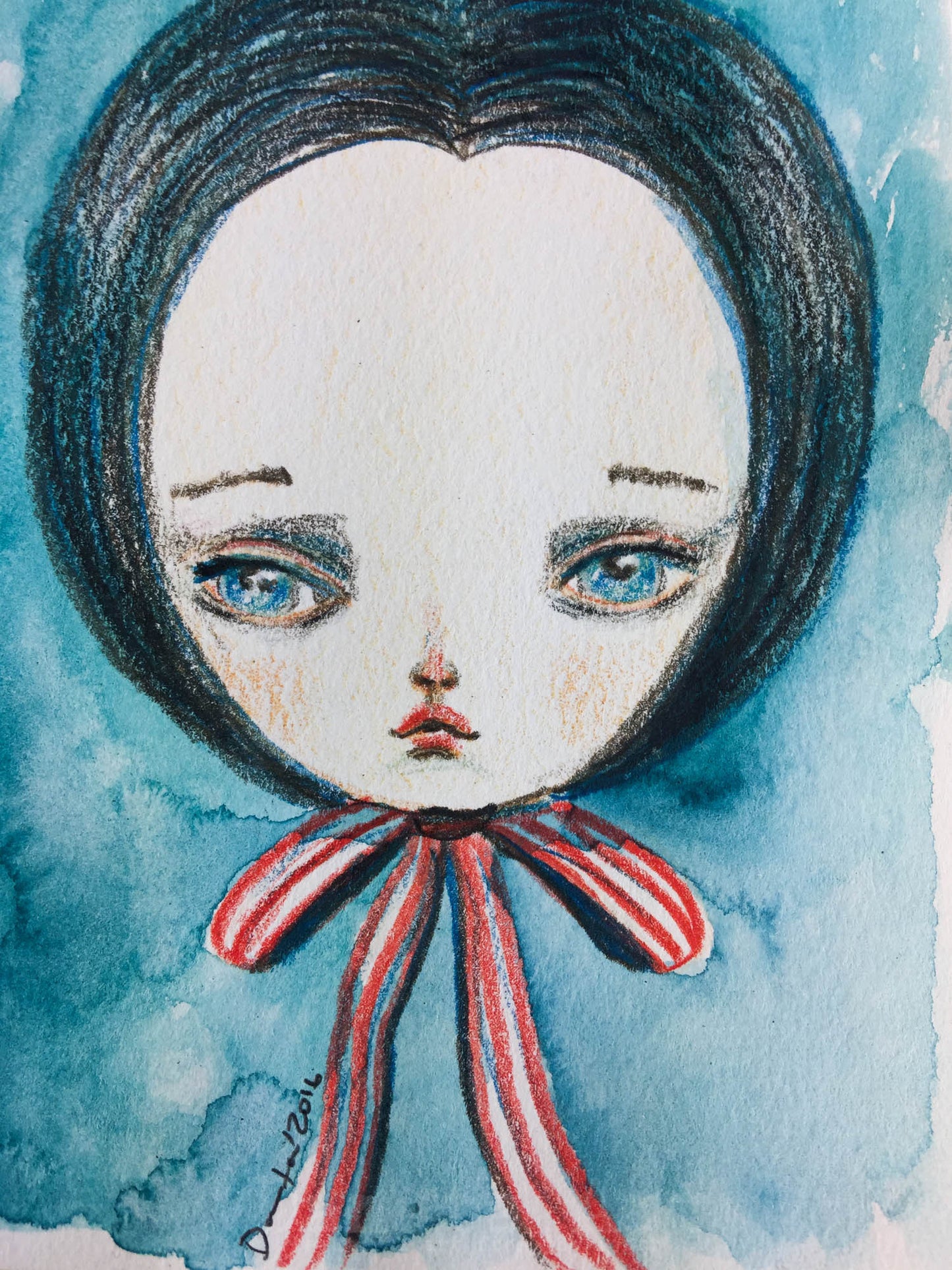 Study of a girl with a red bow, watercolor on paper original by Danita.