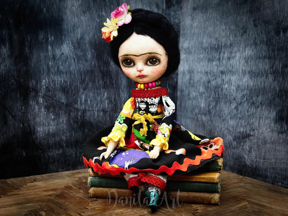 Frida with skulls, Art Doll by Danita Art