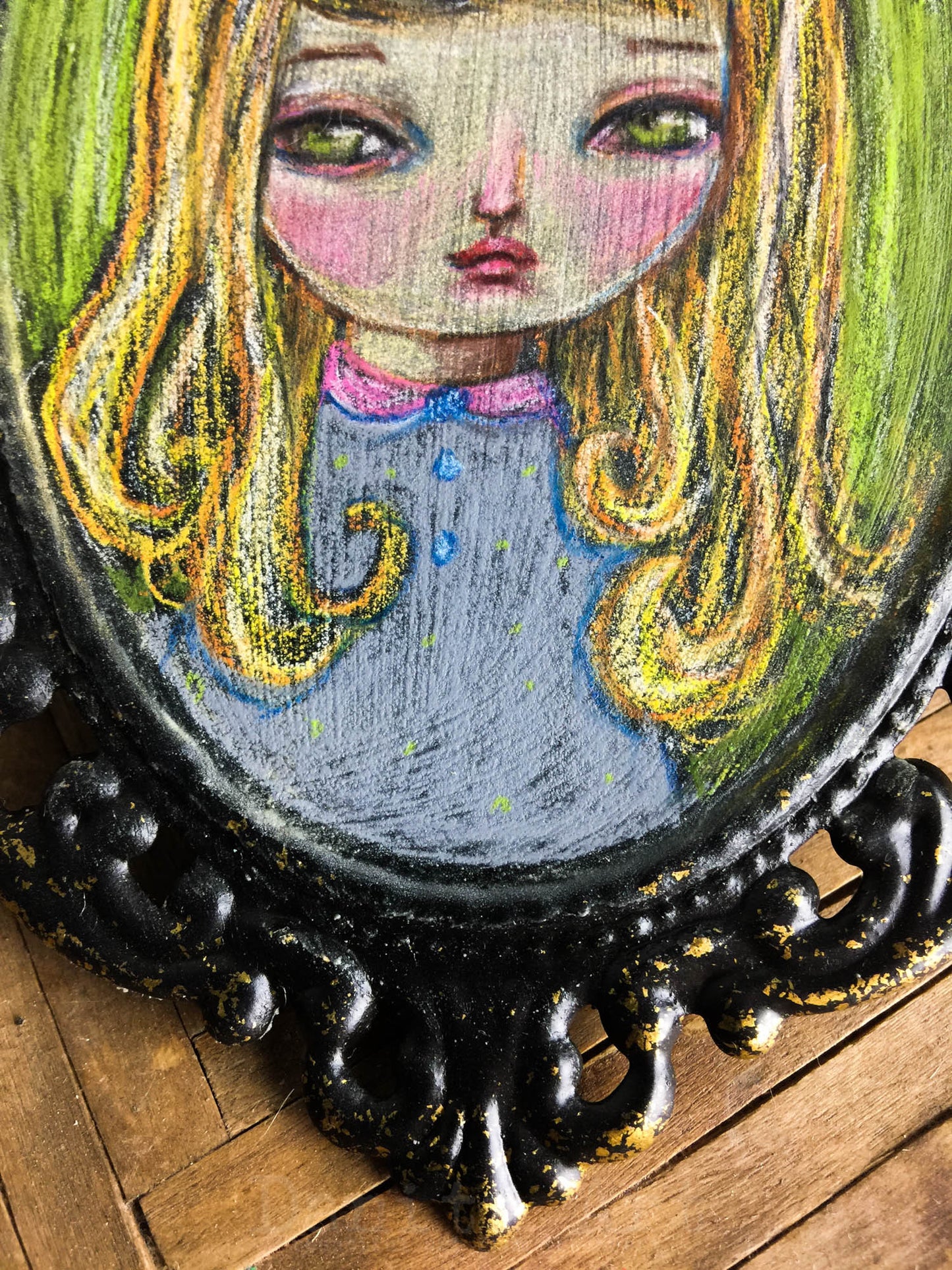 This one was easy to think about. It's me on a good fluffy ear day! I like to imagine myself on many different situations and many of them end up being paintings, sometimes they become just whimsical girls, and then other times they are self portraits, just like this one.