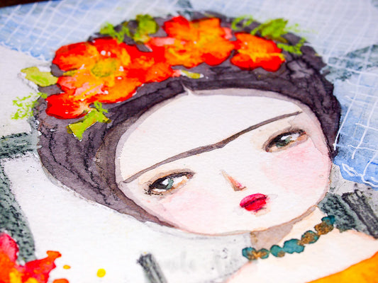 Frida sitting with red flowers, Original Art by Danita Art