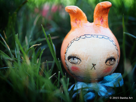 Orange, the kokeshi Easter bunny, Miniature Dolls by Danita Art