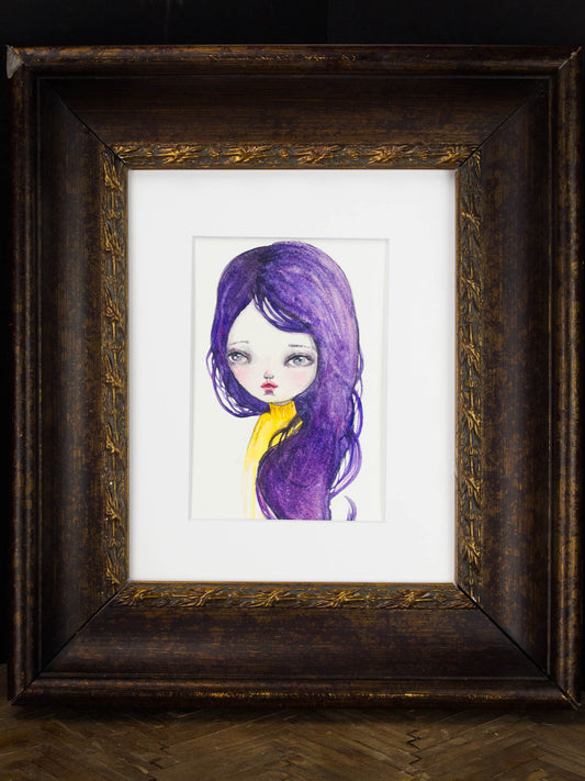 A beautiful surreal girl with purple hair materialized on Danita's latest watercolor painting art.
