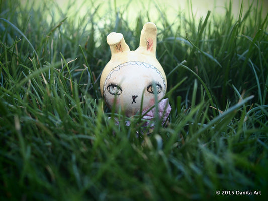 Lemon, the yellow kokeshi Easter bunny, Miniature Dolls by Danita Art