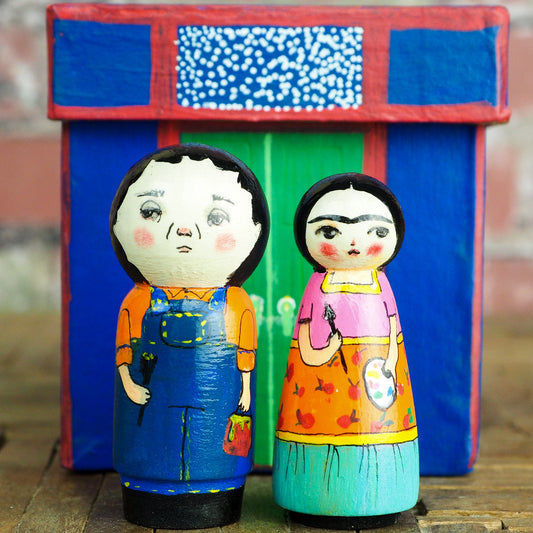 Frida y Diego - Wood Kokeshi art dolls by Danita, Miniature Dolls by Danita Art
