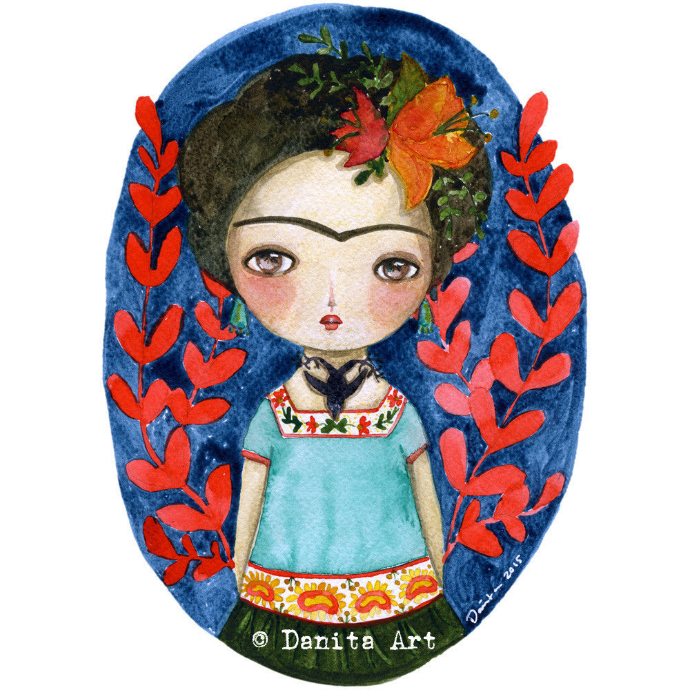 Frida and the blackbird - Original watercolor painting, Original Art by Danita Art