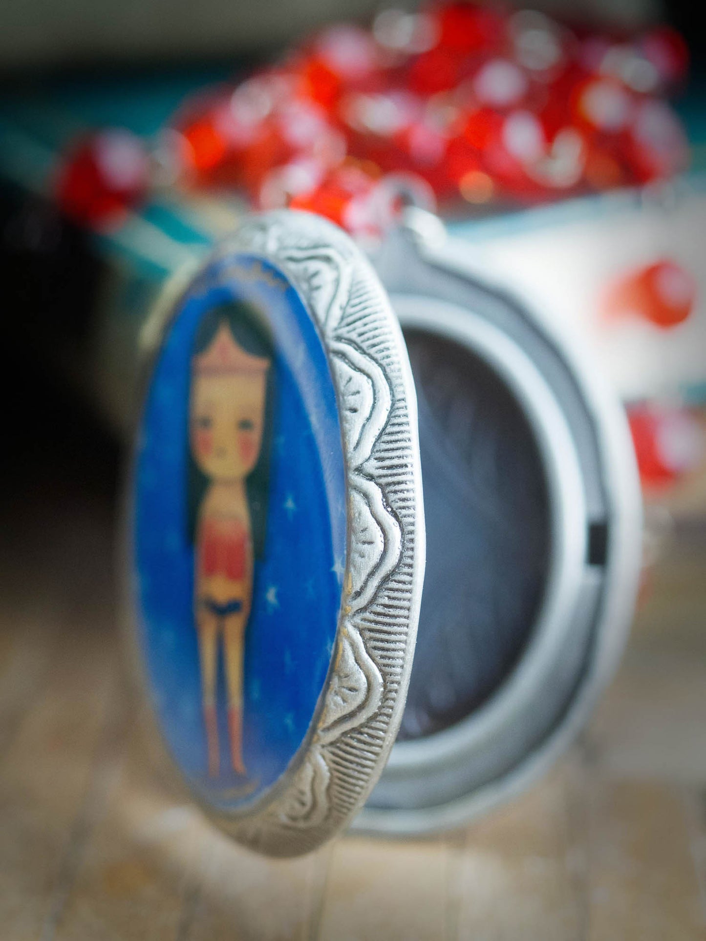 Danita original handmade necklace locket opens up for Wonder Woman to keep your secrets safe.