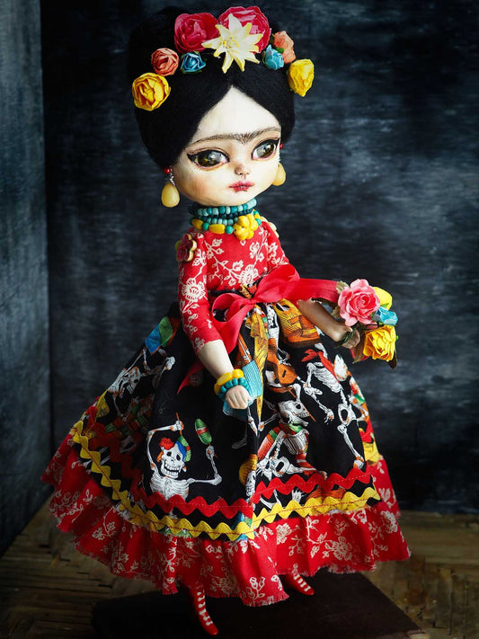Frida with flowers, Art Doll by Danita Art
