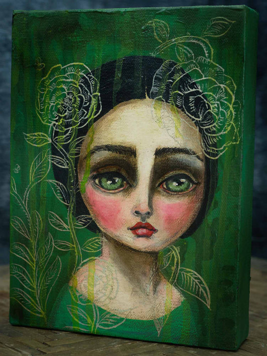 A pop surreal painting by Danita features a girl surrounded by roses and foliage
