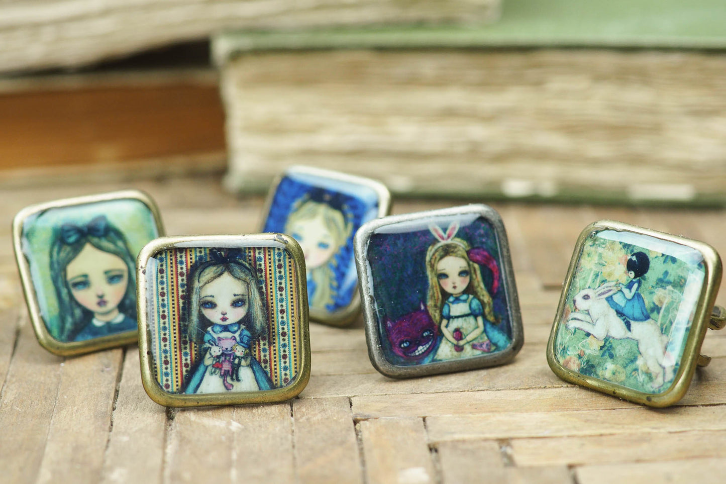 Alice in wonderland and the Cheshire cat square ring, Jewelry by Danita Art