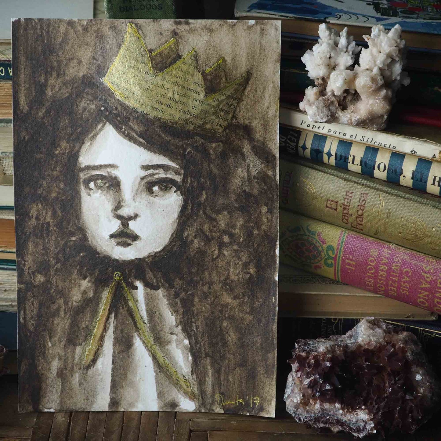 Danita painted the Queen, a beautiful mixed media watercolor and paper collage assemblage original painting illustration.