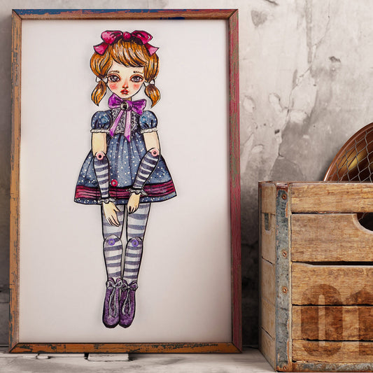 Original dress-up paper doll by Danita. Watercolor painting and mixed media, pencil, ink, charcoal create beautiful wall art doll.