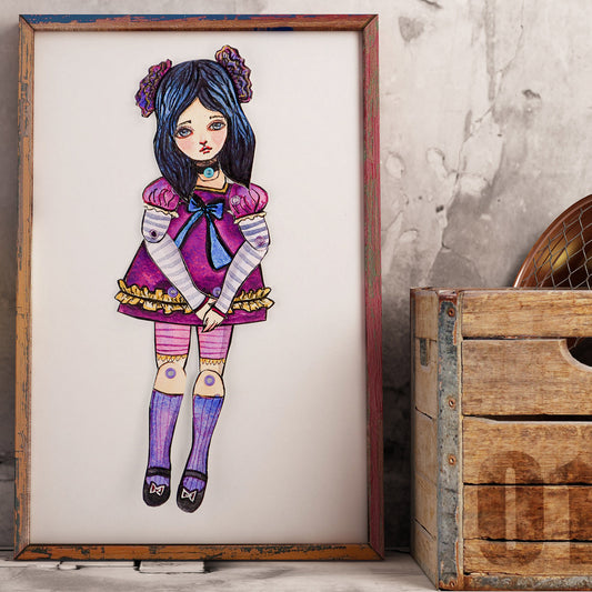 Violet purple ballerina doll by Danita. Original watercolor painting on paper.