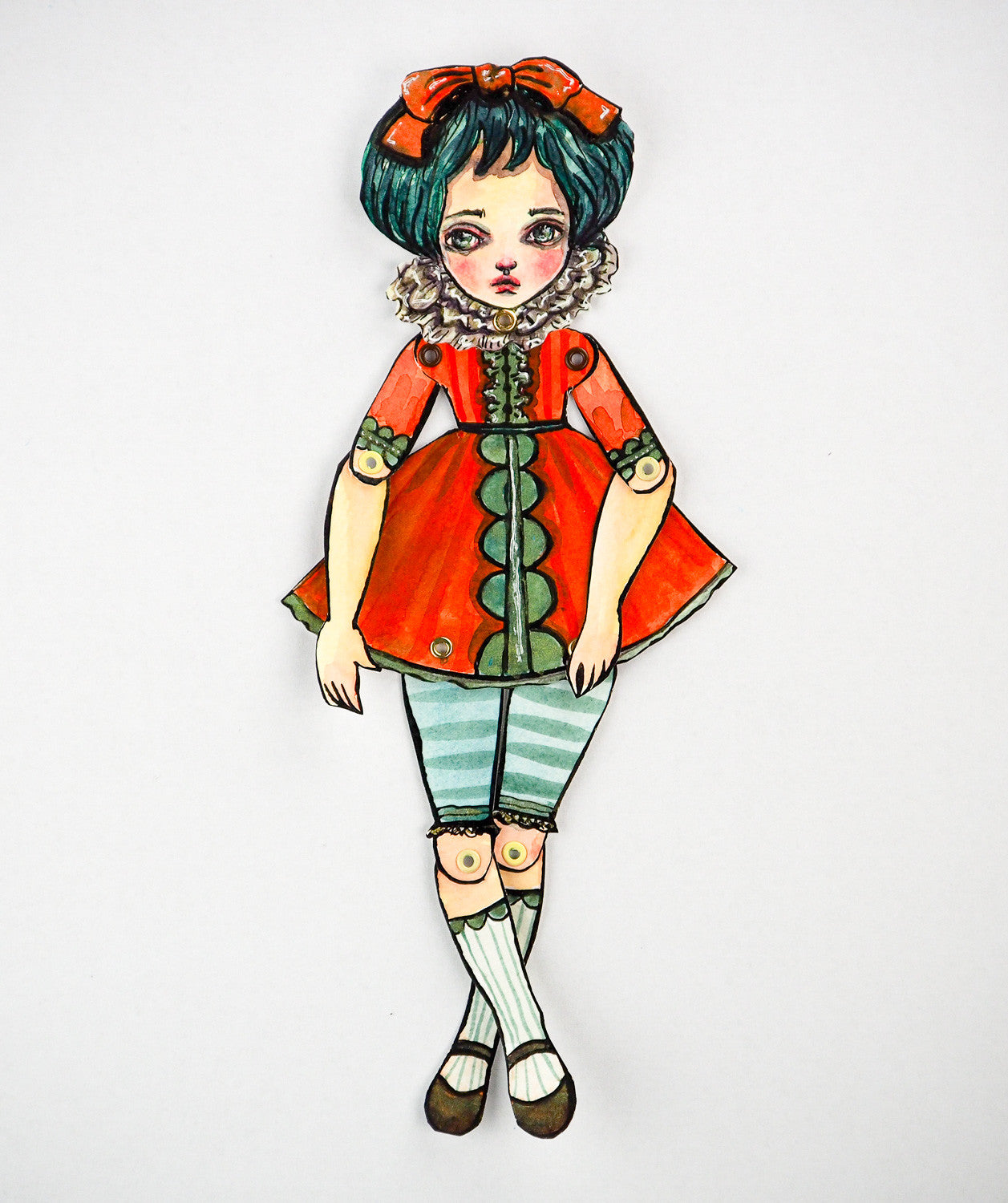 Original mixed media painted paper doll With Head saving dress