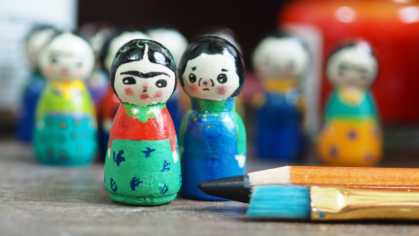 Frida and Diego - Micro kokeshi wood peg dolls by Danita, Miniature Dolls by Danita Art