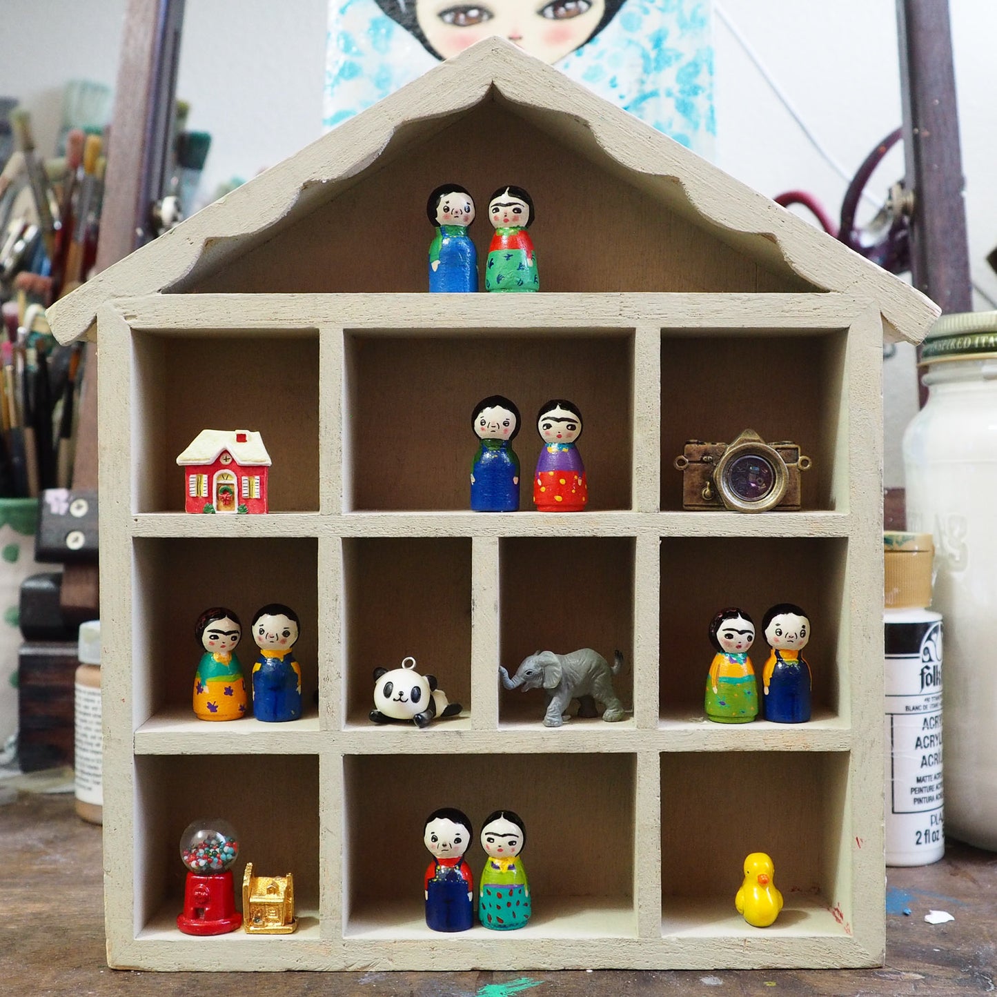 Frida and Diego - Micro kokeshi wood peg dolls by Danita, Miniature Dolls by Danita Art