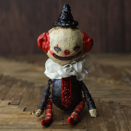 Original Halloween art doll original creation by Danita Art. Paper Clay, sculpted and painted in a spooky whimsical unique work of art. Clown IT Pennywise Evil.