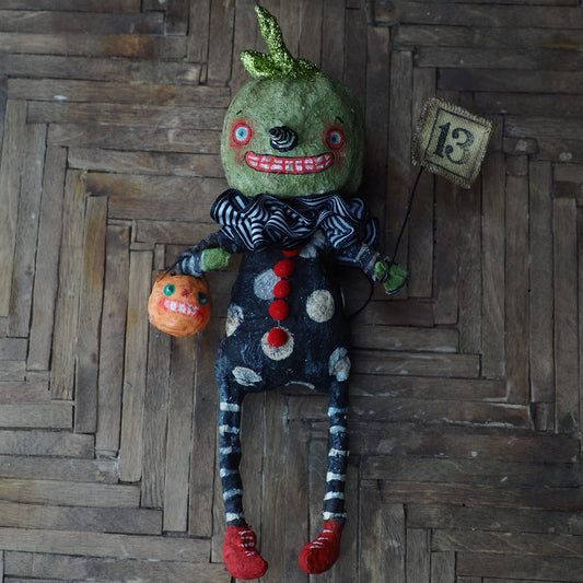 Original Halloween art doll original creation by Danita Art. Paper Clay, sculpted and painted in a spooky whimsical unique work of art. jack-o-lantern pumpkin skull spun cotton.