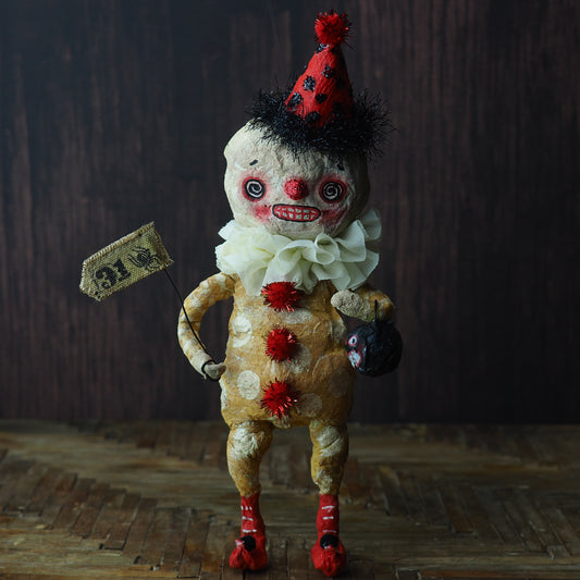 Original Halloween art doll original creation by Danita Art. Paper Clay, sculpted and painted in a spooky whimsical unique work of art. jack-o-lantern pumpkin skull spun cotton.