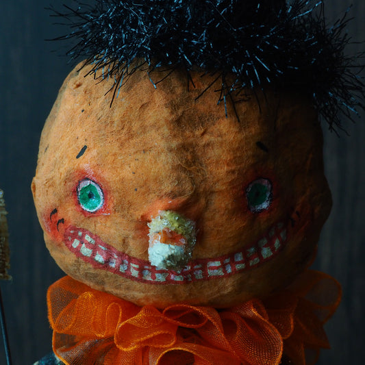 Original Halloween art doll original creation by Danita Art. Paper Clay, sculpted and painted in a spooky whimsical unique work of art. jack-o-lantern pumpkin skull spun cotton.