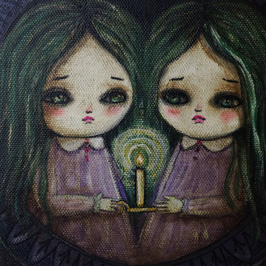 Sisters by candle light: An original mixed media painting by Danita. Mystery and horror mix in a whimsical image of two sisters exploring a haunted mansion by candlelight. Made with acrylics, oils, pencils, graphite and more over a stretched canvas.