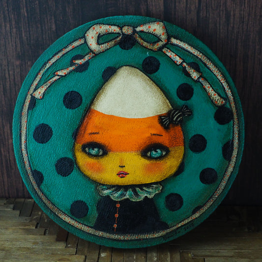 CANDY CORN GIRL. Danita mixed media Halloween round painting., Original Art by Danita Art