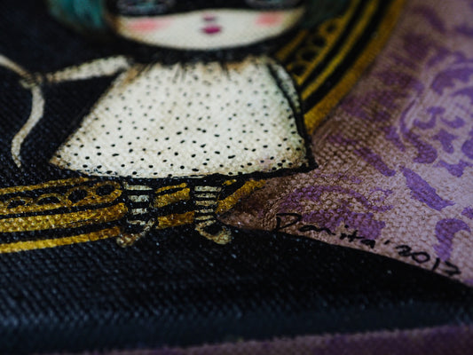 An original painting by Danita. Decorate Halloween with wall art, original home decor ghost, girl witch in a whimsical and friendly style. Acrylic Paint Oil Paint Pastels Pencil Graphite Art