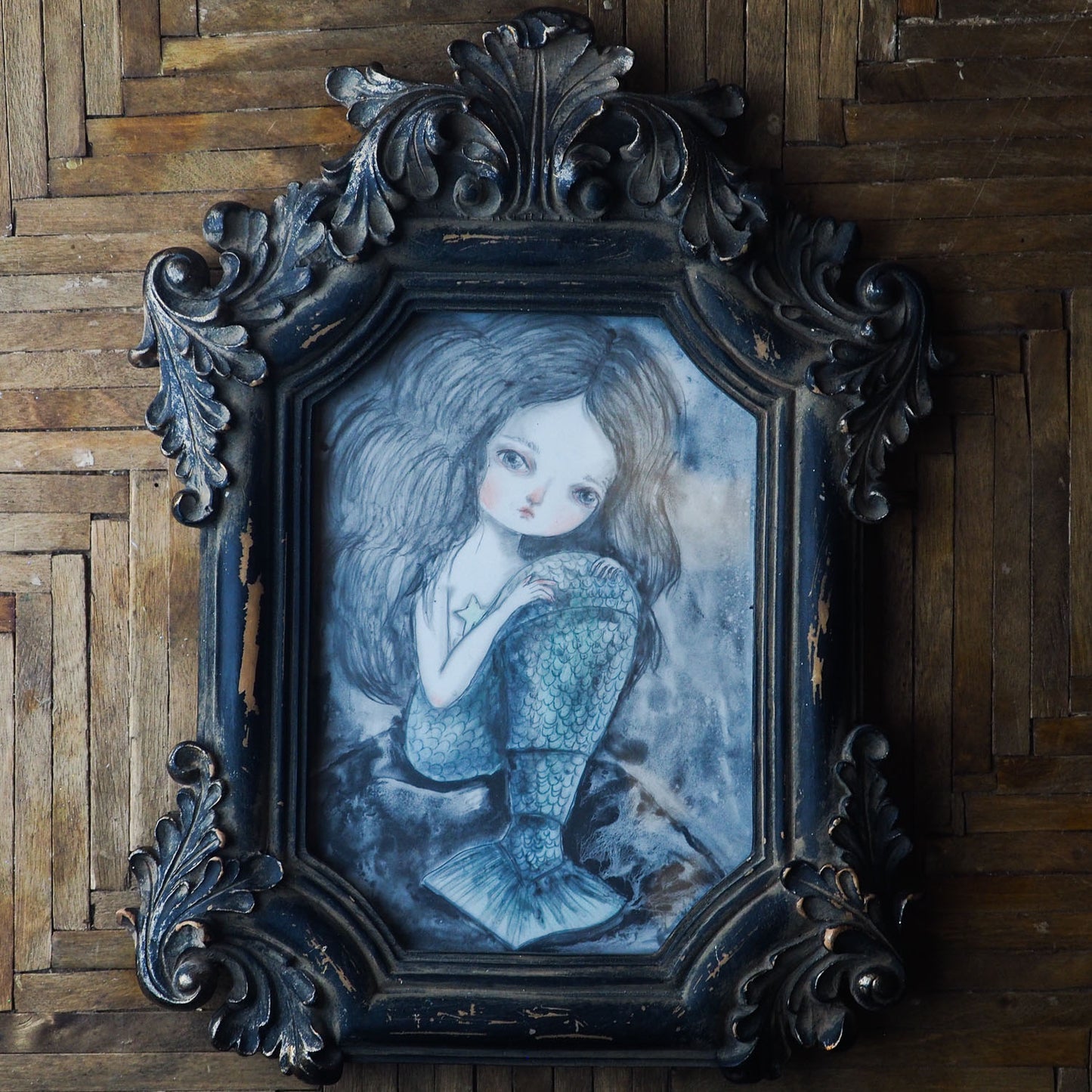 A mermaid looks at you from the beautiful traces of Ink, pencil, graphite and watercolor by Danita Art